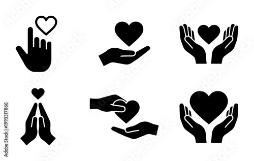 Charity and donation icons set, black heart and hand symbols for volunteer work, 6 vector elements for nonprofit organizations and social care