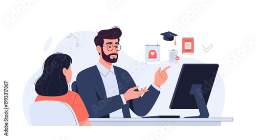 Male teacher explaining online course to student, digital education concept