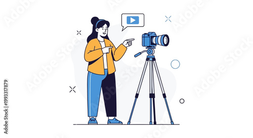 Woman filming with camera on tripod, pointing and directing, video production concept