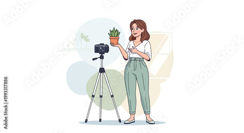 Woman filming potted plant with camera on tripod, vlogging about plants
