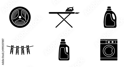 Laundry service icon set, black washing machine and ironing board vector elements, 6 housekeeping and cleaning supplies symbols for web design