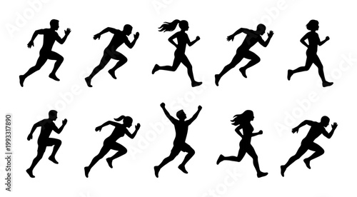 Running people silhouettes set, athletic men and women sprinting vector icons, 10 black joggers in motion, marathon and fitness training poses