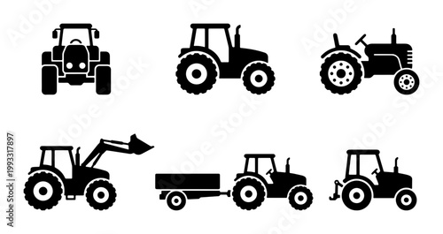 Agricultural tractor silhouettes set, heavy farm machinery icons in black vector, industrial farming equipment with trailer and loader elements