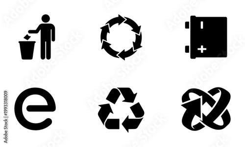 Recycling and environmental icons set, black eco symbols for waste management, 6 vector elements for sustainability and green energy packaging