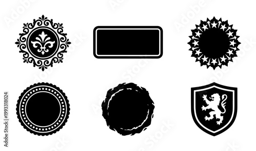 Vintage heraldic emblems and frames set, black silhouette royal badges with lion and fleur de lis, 6 vector decorative labels for branding