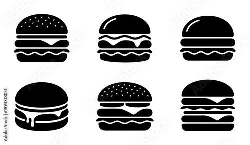 Minimalist burger icon set, black silhouette fast food vector collection, 6 hamburger and cheeseburger symbols for restaurant menus and web design