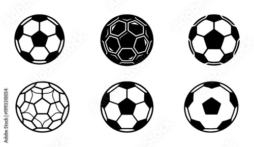 Soccer ball icon set with 6 vector elements, black and white football symbols, athletic equipment silhouettes for sports branding and competition logos