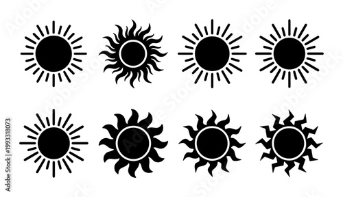 Minimalist sun icon set, 8 black solar vector symbols with rays, celestial sunburst silhouettes for summer branding and weather interface design