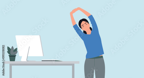 Woman stretching at desk for health and wellness.