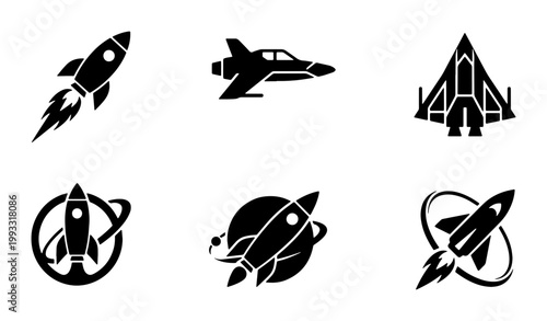 Spaceship and rocket icon set, black solid vector silhouettes of 6 spacecraft and shuttle elements, futuristic aerospace and galaxy exploration symbols