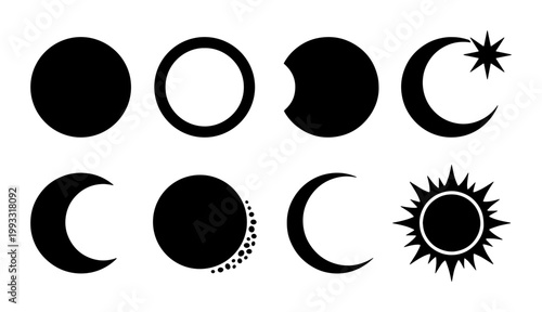 Celestial moon phases vector set, black lunar cycle icons with sun and star, mystical astronomical symbols for astrology and occult design
