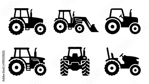 Black tractor silhouette icons set, agricultural machinery vector collection, farming equipment and heavy vehicle illustrations for industrial design