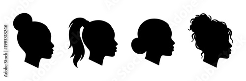 Black woman profile silhouette set, African American female head portraits with different hairstyles, 4 vector icons of diverse women faces