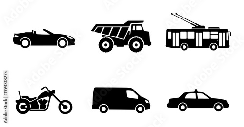 Black transport icons set with 6 vehicle silhouettes, minimalist automotive symbols for logistics and urban traffic, flat vector transport collection