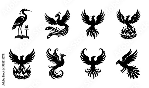 Mythical phoenix bird silhouettes set, 8 black heraldic eagle and heron icons, fantasy fire bird vector collection for logo design and tattoos
