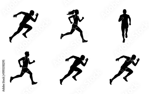 Running silhouettes set of 6 male and female athletes, black jogging people vector icons, sprinting and marathon runner figures for sports design