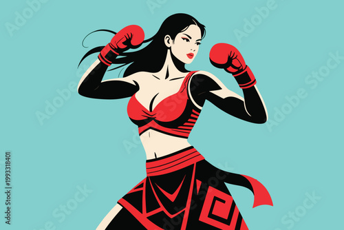 Beautiful Woman Muay Thai Fighter Vector Illustration Creative Design Template 
