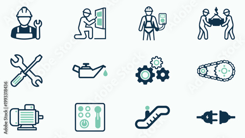 Industrial Machinery Maintenance and Worker Safety Icons