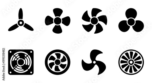 Industrial fan and propeller icons set, black silhouette turbine and ventilator symbols, 8 vector cooling system elements for engineering and HVAC