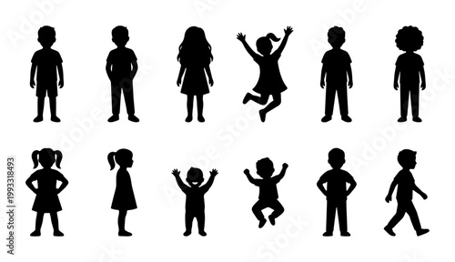 Children silhouettes collection, set of 12 diverse kids and toddlers in various poses, black vector icons of boys and girls playing and standing