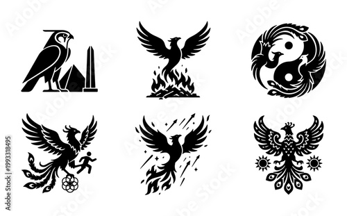 Mythical phoenix bird icons set, ancient Egyptian falcon and fire bird silhouettes, 6 black vector graphic elements for logos and tattoos