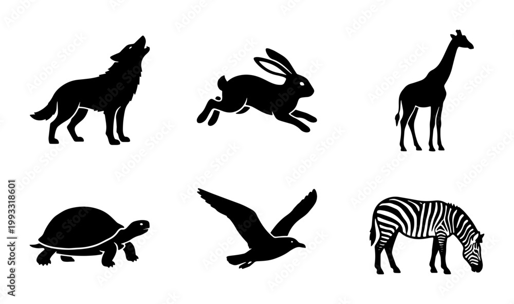 Obraz premium Wild animal silhouettes collection, set of 6 black vector icons, wolf rabbit giraffe turtle bird and zebra graphics for nature logos and branding