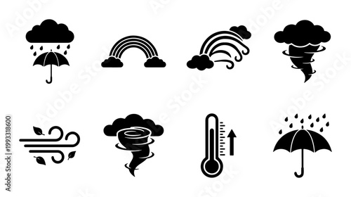 Black weather icons set, meteorology symbols with clouds and rain, flat vector tornado and rainbow elements, climate forecast graphics