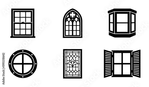 Architectural window icons set, black and white building exterior elements, 6 vector window styles including gothic, bay, and porthole designs