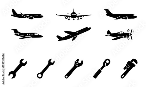 Aviation maintenance icon set with airplane silhouettes and mechanic tools, commercial aircraft and repair wrench vector collection, flight engineering symbols