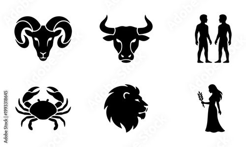 Zodiac signs black silhouette icons set, astrology horoscope symbols collection, 6 vector elements including Aries Taurus Gemini Cancer Leo and Virgo