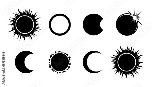Solar eclipse vector icons set, celestial moon phases and sun corona silhouettes, black astronomical symbols for astrology and science design