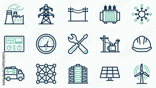Set of Energy and Power Generation Line Icons