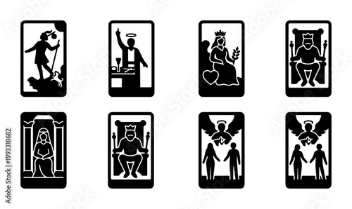 Mystical tarot card icons set, black and white occult deck symbols, major arcana vector illustrations for fortune telling and divination apps