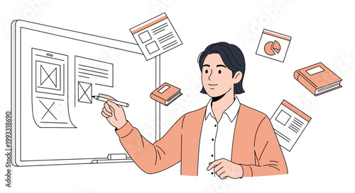 Web designer sketching wireframes on a whiteboard, surrounded by project elements