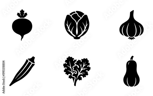 Minimalist vegetable icon set, black solid silhouette food symbols, collection of 6 organic garden produce vector illustrations for grocery branding