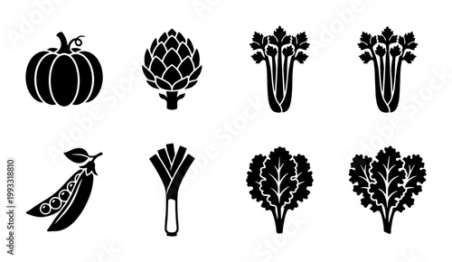 Minimalist black vegetable icons set, flat vector organic food symbols, collection of 8 healthy produce illustrations for grocery and menu design