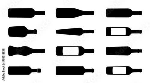 Wine bottle silhouette collection, 12 black glass bottle icons, minimalist beverage packaging shapes, alcohol and drink vector set for menu design