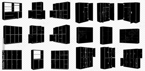 Set of black silhouettes of various cabinets and storage furniture on a transparent background, vector illustration.