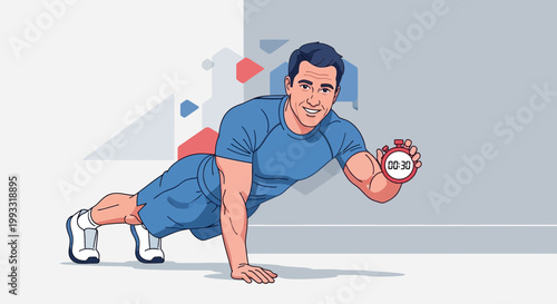 Man doing plank exercise with stopwatch, fitness and workout concept