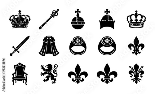 Royal heraldry icons set, 15 black silhouette monarch symbols, medieval crown and fleur de lis vector elements, kingdom regalia for branding