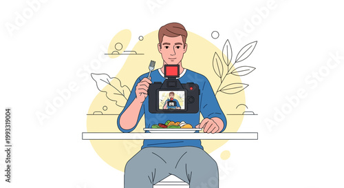 Man filming himself eating healthy food for a vlog, lifestyle blogger recording content