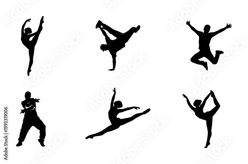 Canvas Print Dynamic dancer silhouettes set, 6 black vector figures in motion, ballet and hip