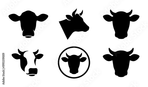 Fotografía Minimalist cow head silhouette icons, set of 6 bull and heifer vector symbols, b