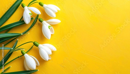 Five snowdrops with white petals and green stems on a vibrant yellow textured background