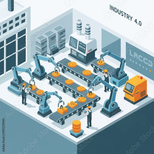 Industry 4.0 Automated Manufacturing Assembly Line With Robotic Arms.