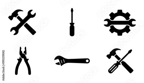 Industrial tool icons set, black silhouette hardware equipment vector, 6 construction and repair symbols, maintenance and diy workshop elements