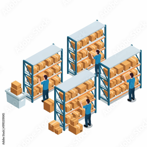 Warehouse workers organizing boxes on shelves isometric view.
