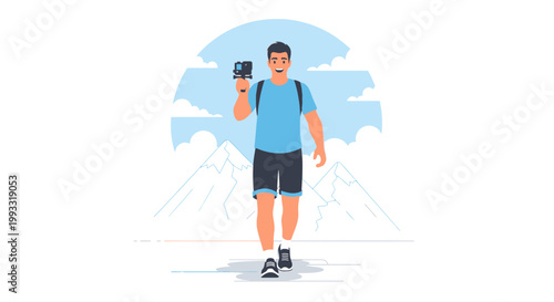 Man filming mountain landscape with action camera, travel vlogger, outdoor adventure