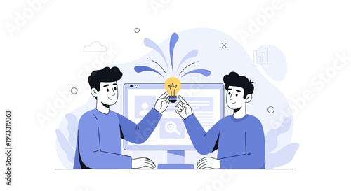 Two men collaborate on a new idea, symbolized by a glowing lightbulb, representing teamwork and innovation.