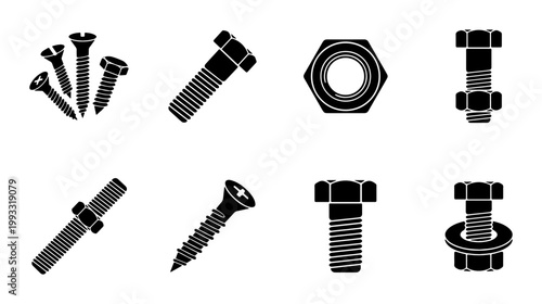 Industrial screw and bolt icons set, black metal hardware fasteners vector collection, construction nuts and washers for repair and engineering
